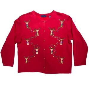 Karen Scott Women's XL Red Reindeer Christmas Lights Beaded Cardigan Sweater